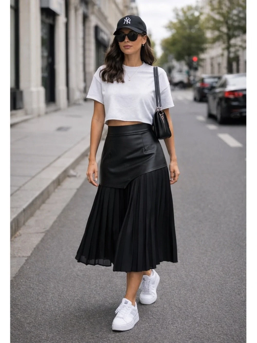 Commense Black Asymmetric Patchwork Faux Leather Chiffon Pleated Midi Skirt
